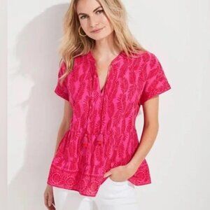 Vineyard Vines Tops Painted Palm Tiered Top hot pink red tassel notch neck